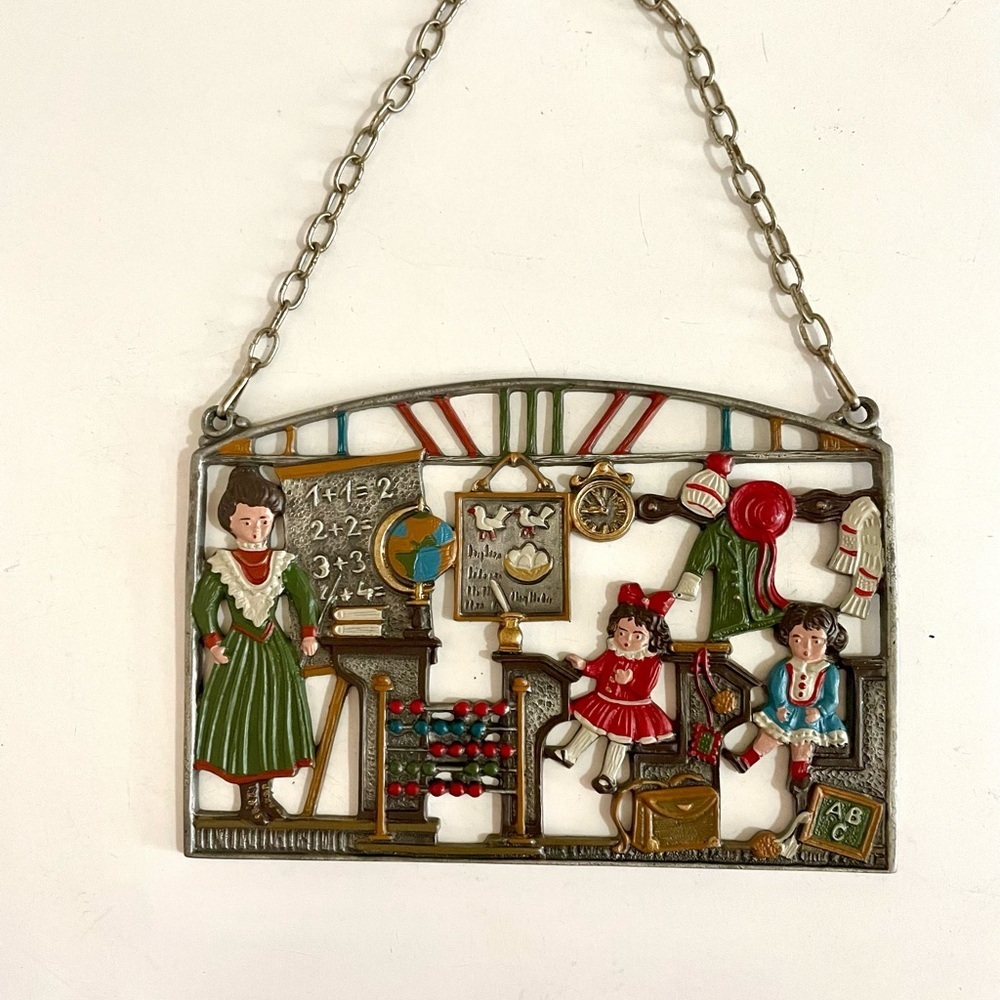Pewter Vintage Schoolroom Decorative Hanging Hand Painted Rare Wall Hanging